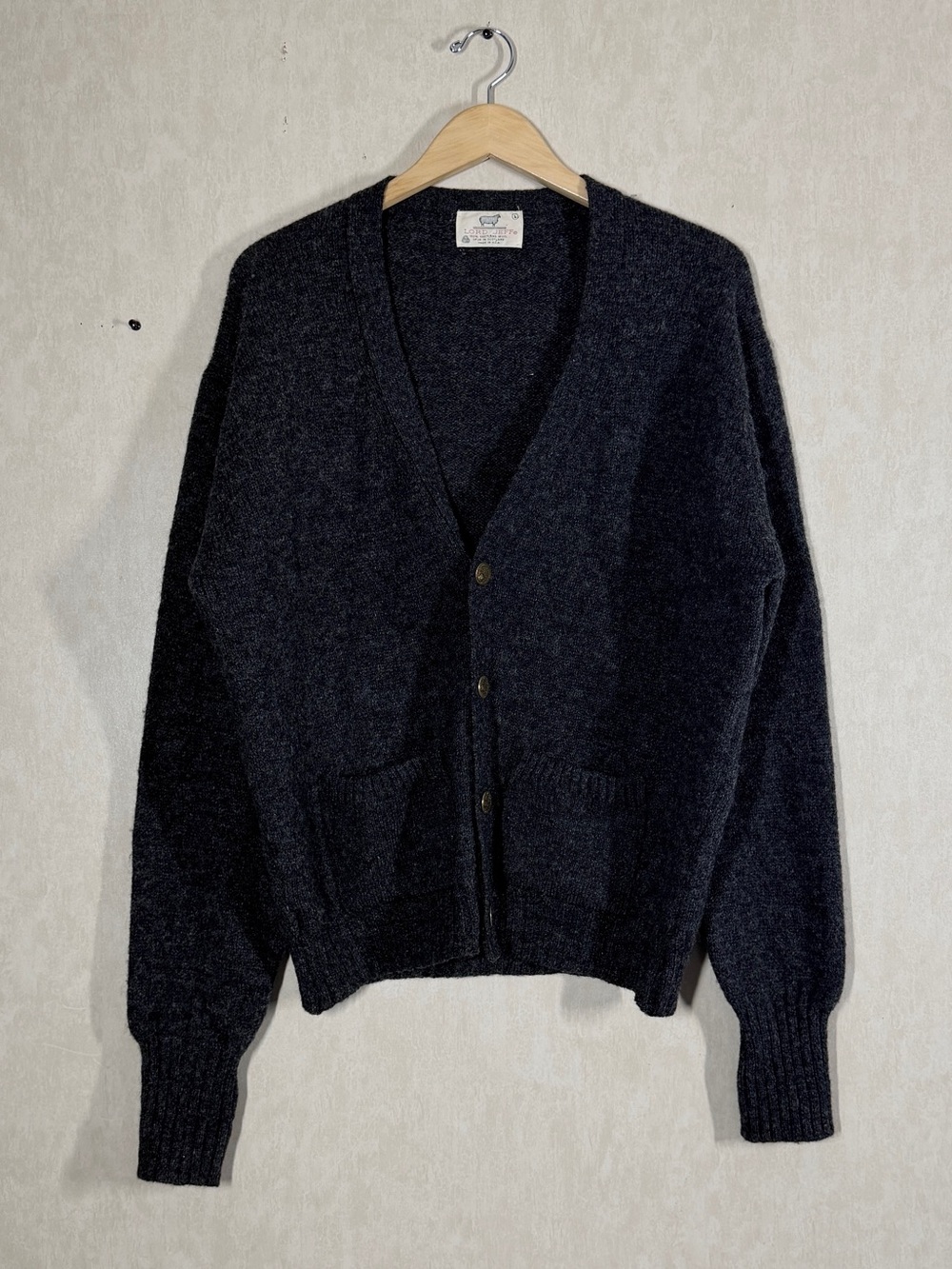 Lord Jeff Men’s Vintage 100% Shetland Wool Knit Cardigan Sweater in Gray L